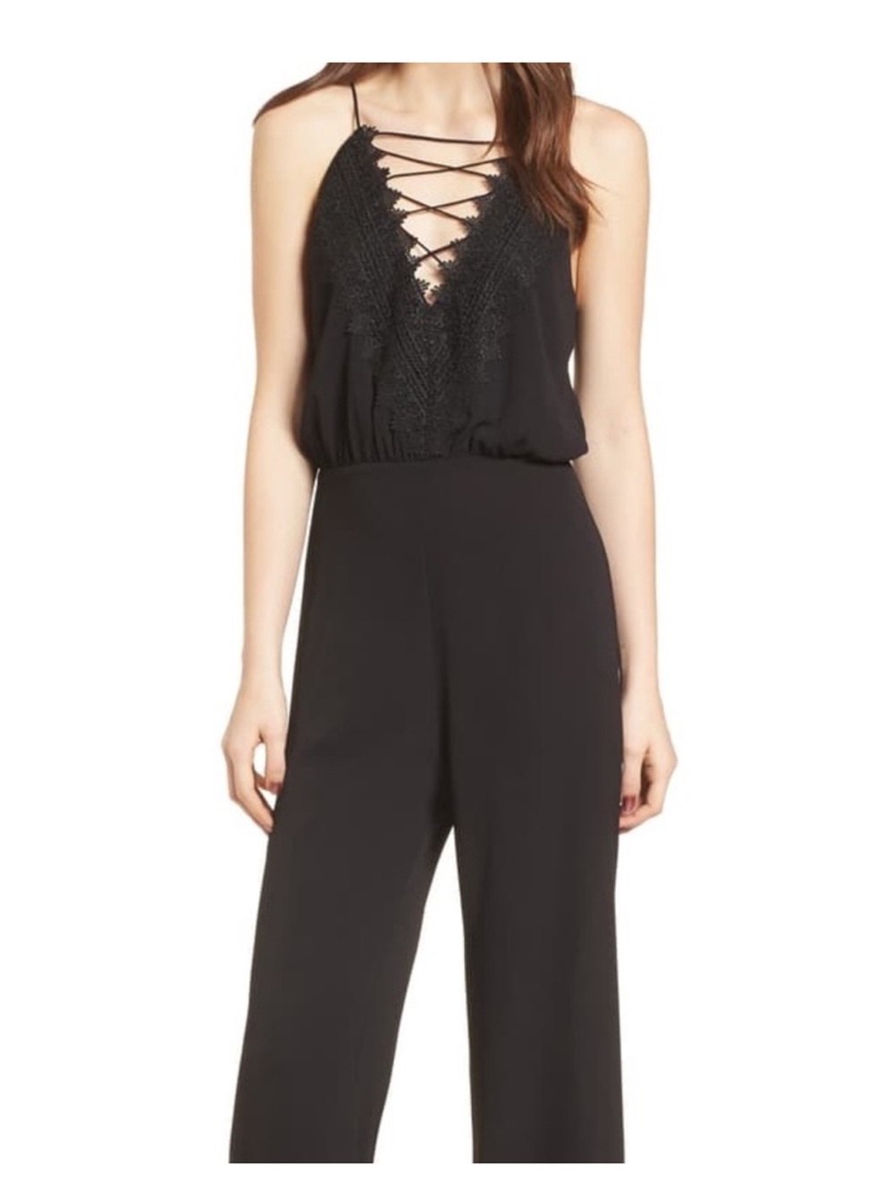 Wayf Black Lace-Up V-Neck Wide Leg Jumpsuit